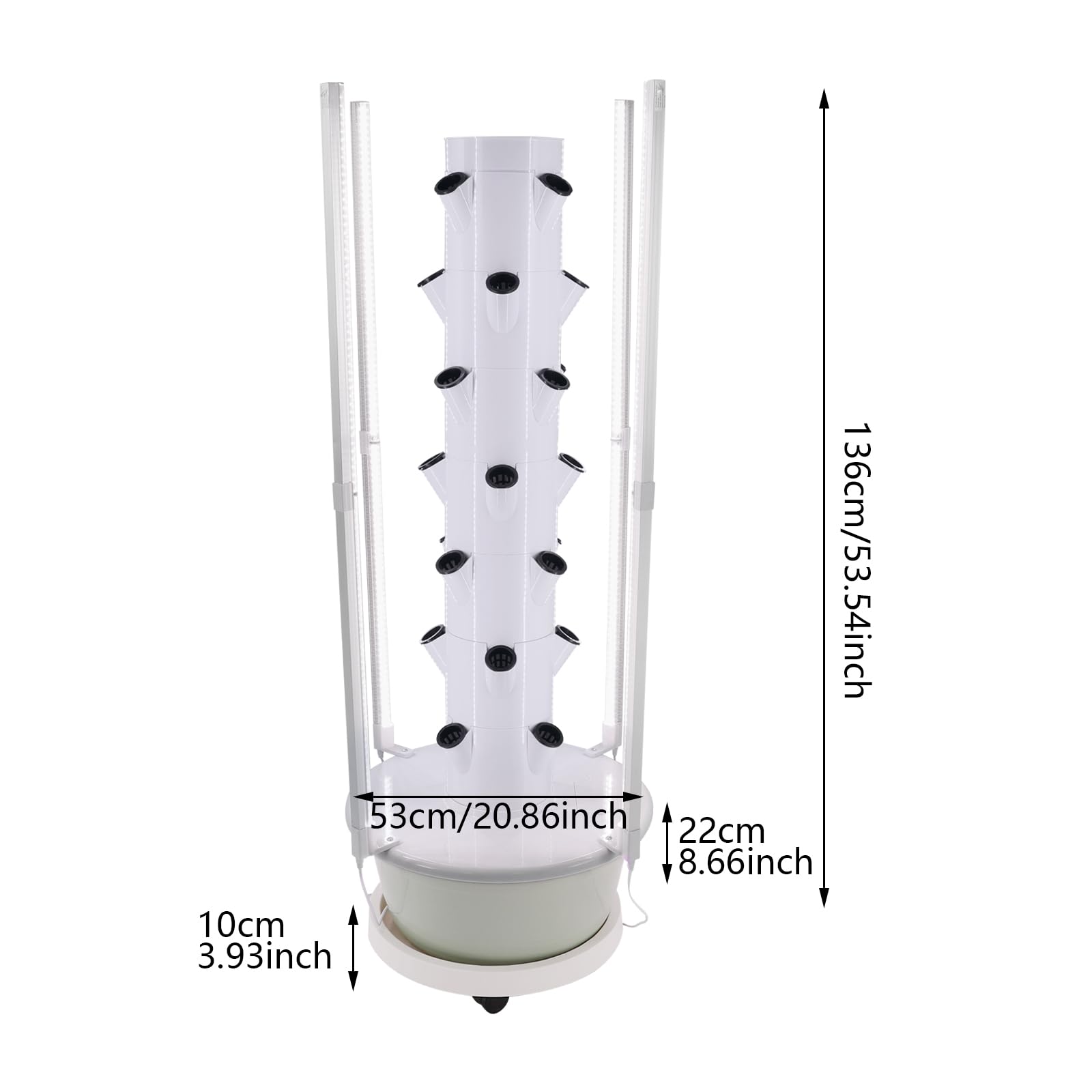 Hydroponik Turm 7 Ebenen 28 Pflanzen Vertikal mit LED und Pumpe | 28 Pflanzen auf 7 Ebenen in 53 cm Turm, 8 LED Lampen Timer, 30L Tank Rollen, Pumpe automatisch
