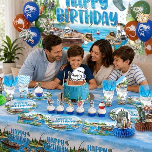 Image of Julyshy Fishing Birthday Party Decorations, Ofishally One Serve 24 Guests | All-in-One Sets, Clear & Bright Design, Safety Material, Perfect for Fishing Fans, Easy Party Setup for Busy Families