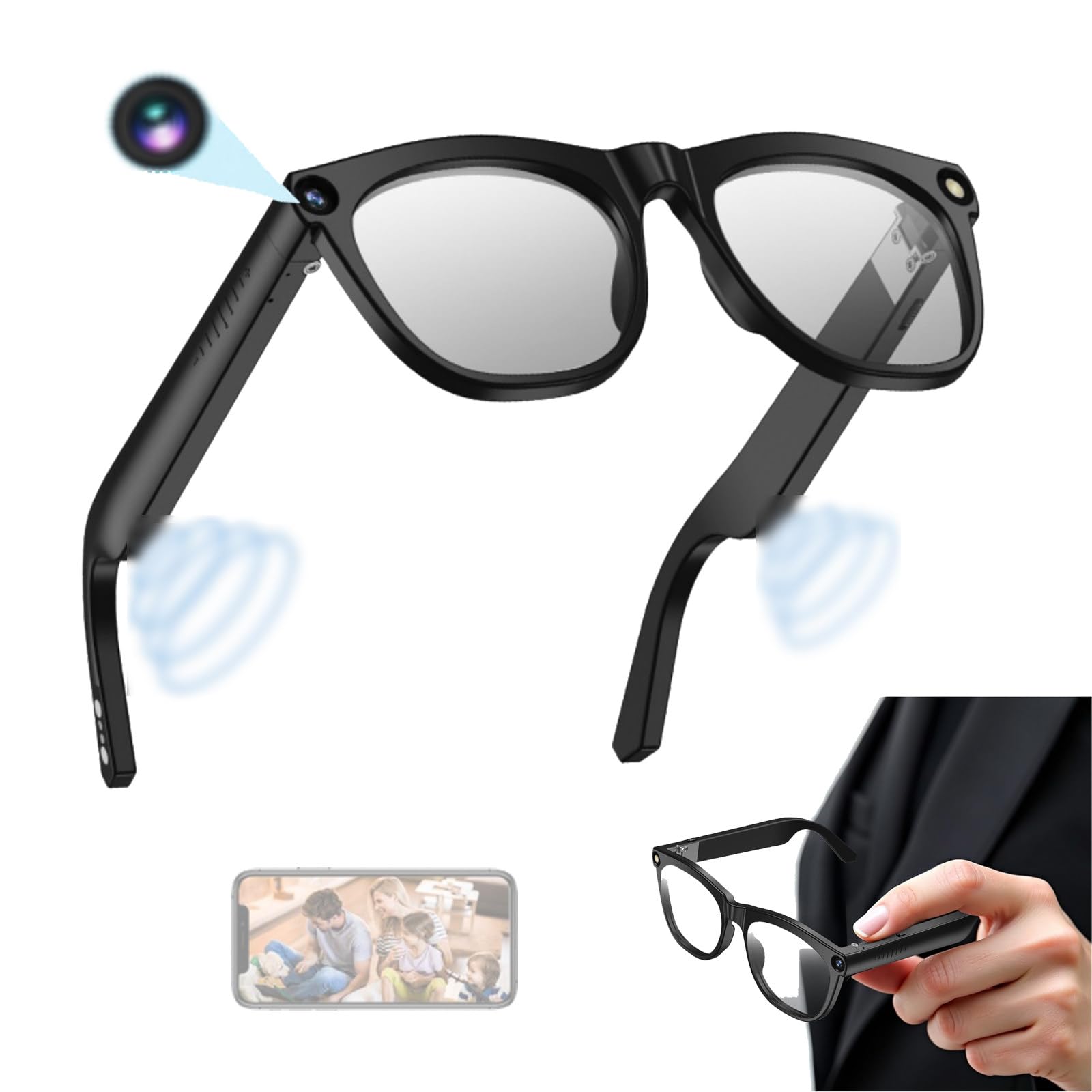 Gafas Antiluz Azul,Grabación De Fotos Y Vídeos De 800W,Reconocimiento Y Traducción De Imágenes Inteligente con IA,con Asistente De Voz,Diseño Abierto,para Viajes,Trabajo Y Negocios Black