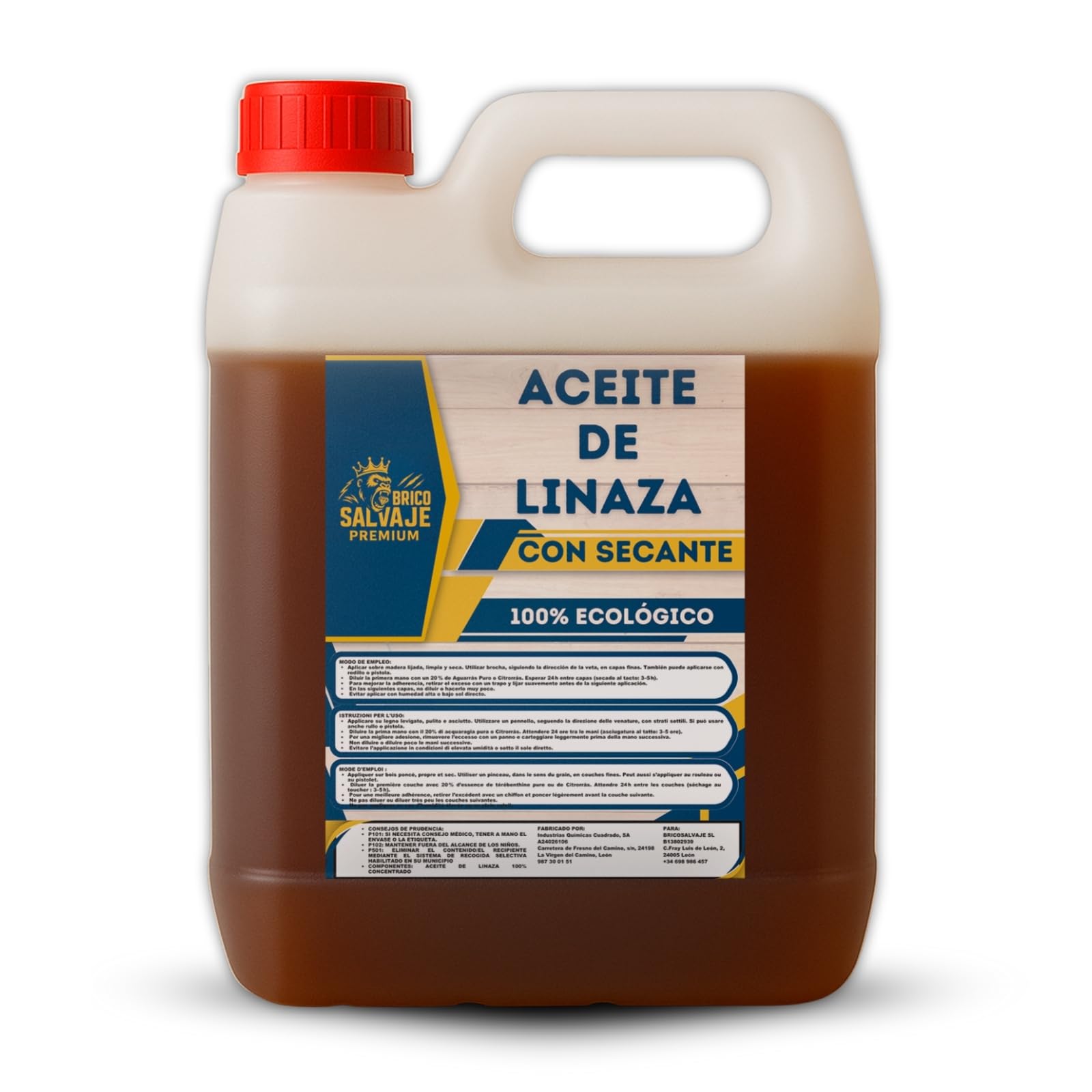 Aceite de Linaza CON SECANTE para la Madera | Ladrillo, Terrazo, Teja | Nutrición | Protección (5 LITRO) BRICOSALVAJE PREMIUM