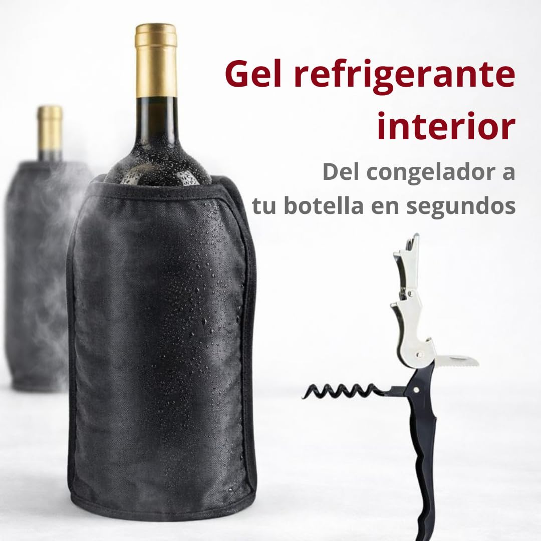 Pack 2 Enfriadores de Botellas de Vino + Sacacorchos Camarero | Funda Enfriadora con Gel Refrigerante Interior | Manga Enfriadora para Vino, Cava y Champagne | 15,5x22,5 cm (negro) — view 2