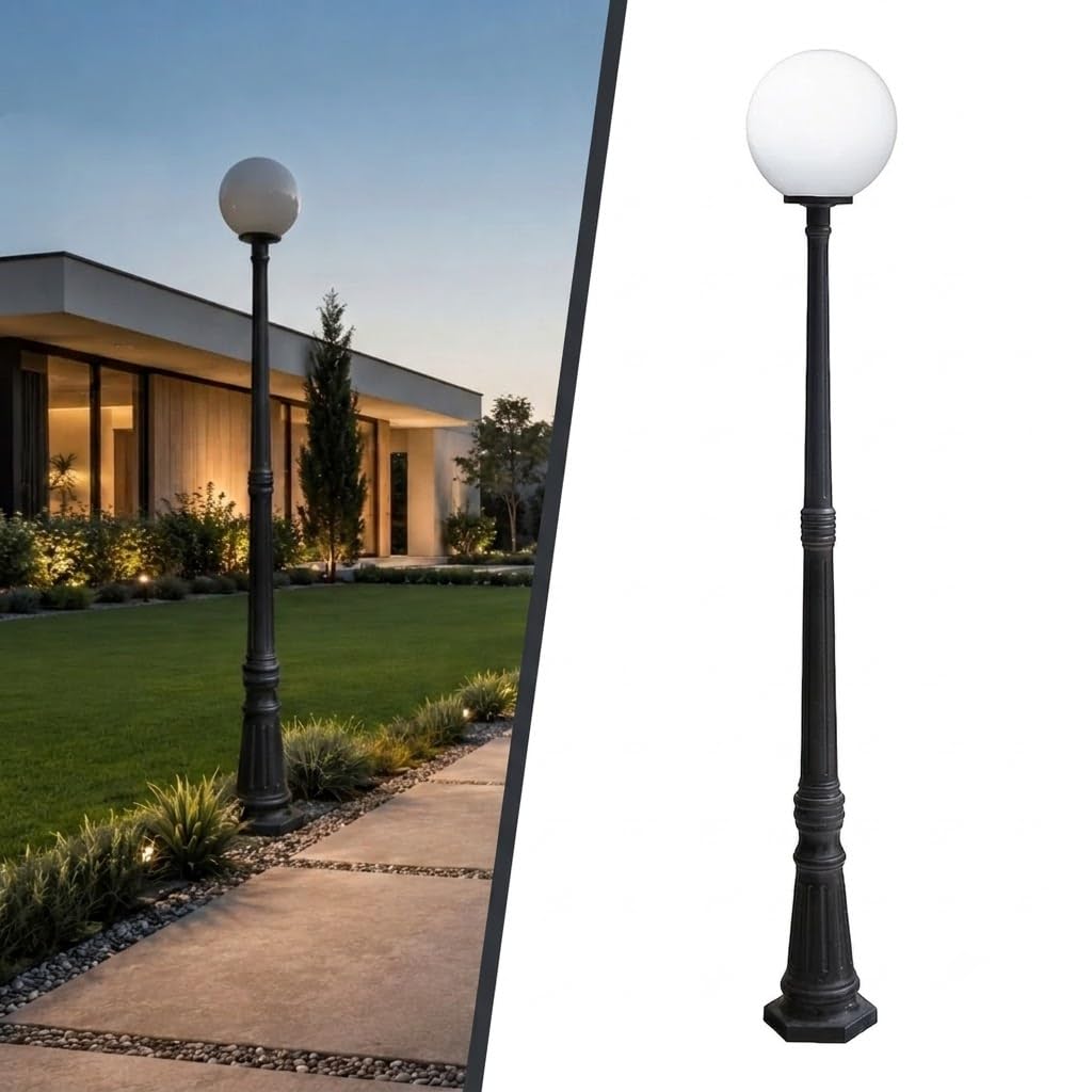 BARCELONA LED Lampa Ogrodowa Kula E27 2,10m IP44 Klasyczna | Ponadczasowy Styl,Dyfuzor Opalowy,IK04,Sześciokątna Podstawa,Odporna Żywica,Ogród Zewnętrzny