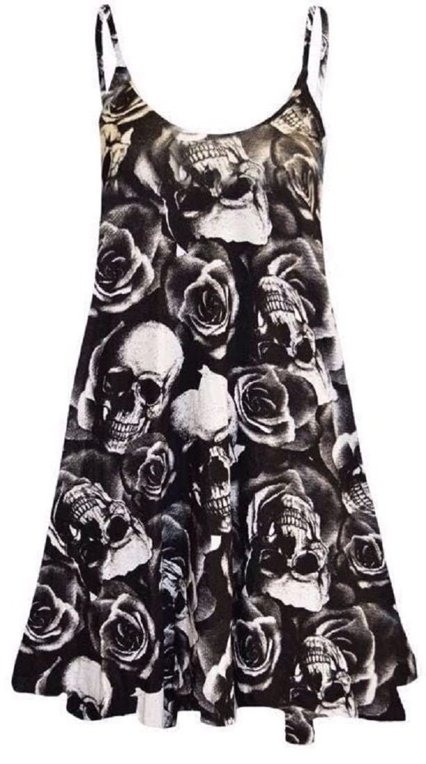 Crazy Girls Girls Skull & Roses Crazy Womens Plain Cami Strappy Sleeveless Flippy Flared Mini Swing Dress (Sm, )