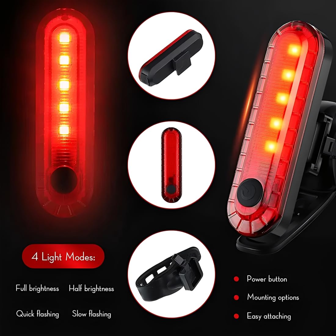 Feu arrière vélo LED USB étanche pour VTT, vélo course, E-Bike - Rouge, Style 3