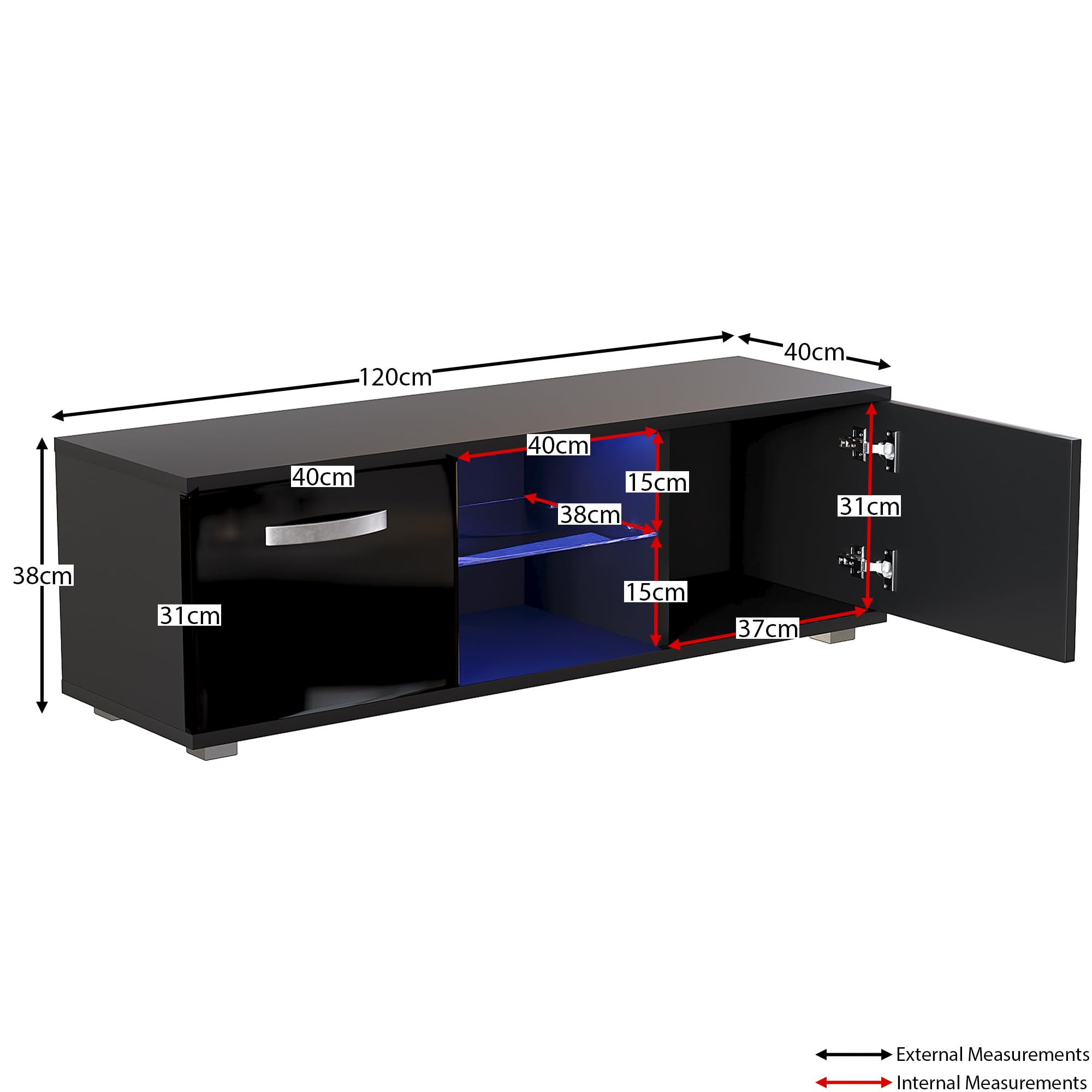 Vida Designs Cosmo LED TV Unit 2 Door Modern Gloss Matte MDF Living Room Cabinet Media Stand Furntiure RGB Light Black 120cm