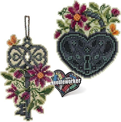 Mill Hill - Juego de 2 adornos de punto de cruz antiguo con cerradura y llave, adornos temáticos de primavera más calcomanía de "Needleworker"
