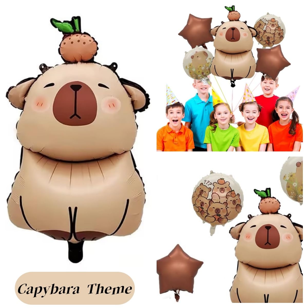 Palloncini Capybara In Lamina - 5 Pezzi Con Nastri E Cannuccia - Decorazione Festa Compleanno Bambini Tema Anime