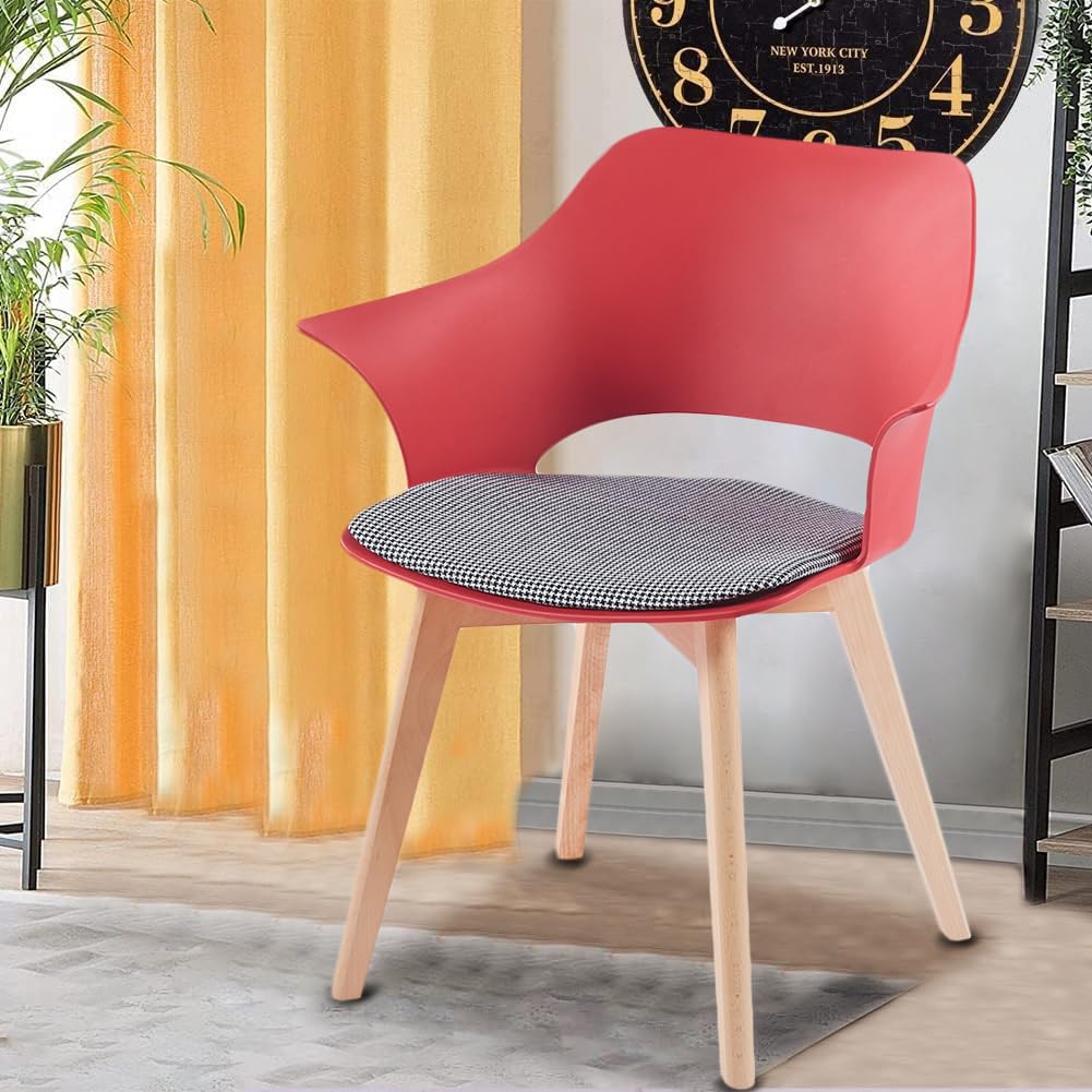 Shally Dogan Set 4 Sedie per Sala da Pranzo con Piedi in Legno e Seduta con Morbida Imbottitura e Trama a Quadretti, Sedia Design Nordico, Poltrona Ideale per Cameretta, Cucina, Ufficio (Rosso)