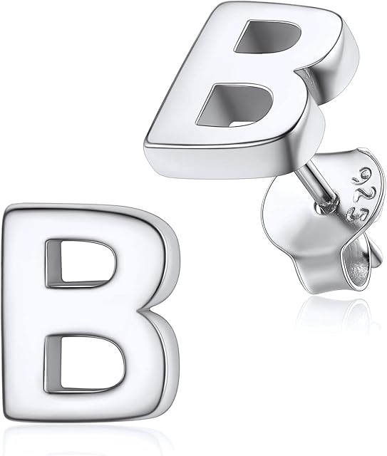 Sterling Silver Initial Earrings Girls Heart Jewelry Silver Letter B Stud Ear Charms for Female