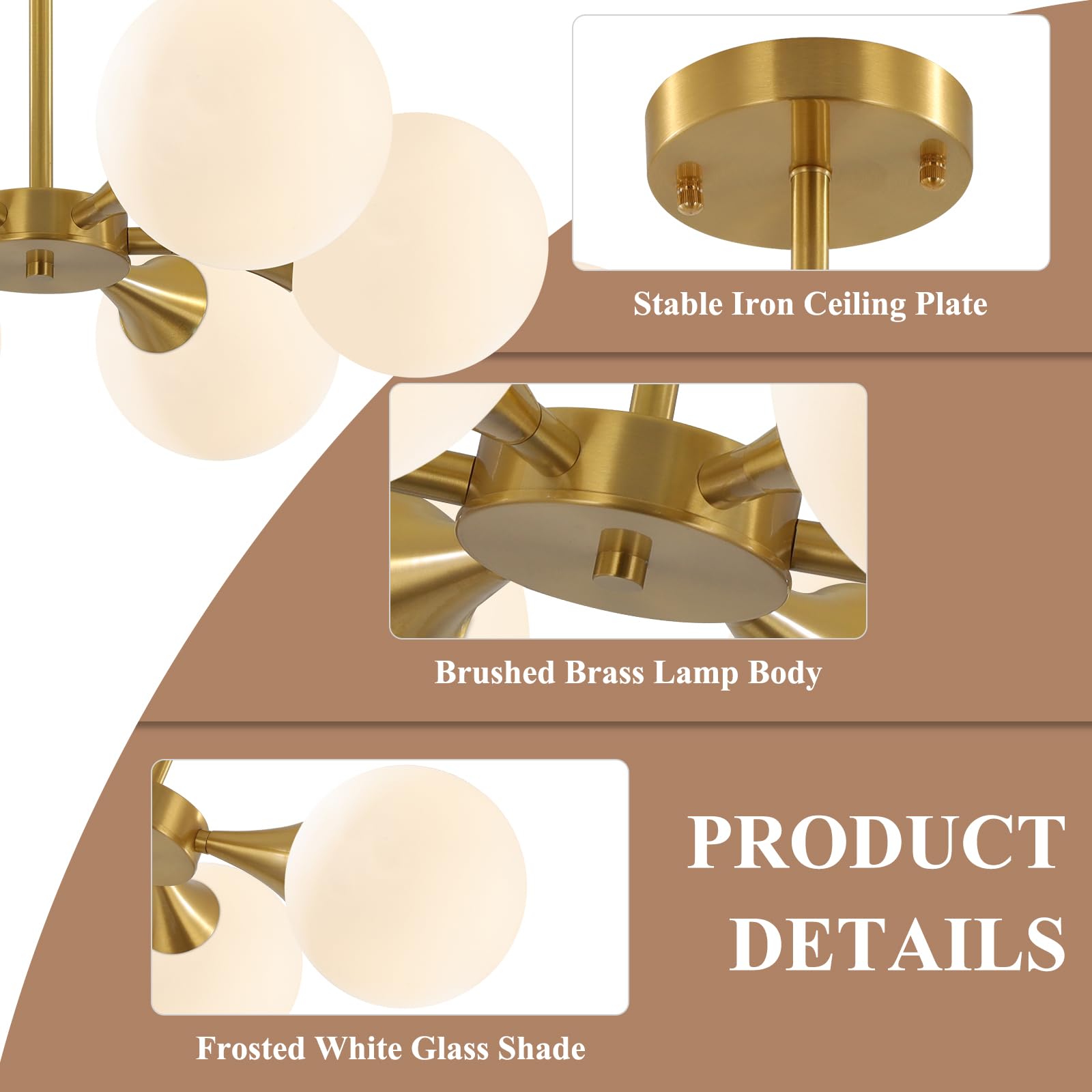 KCO Illuminazione Oro Spazzolato Sputnik Flush Mount Plafoniera Lampada Vetro Latte 6 Luci Semi Flush