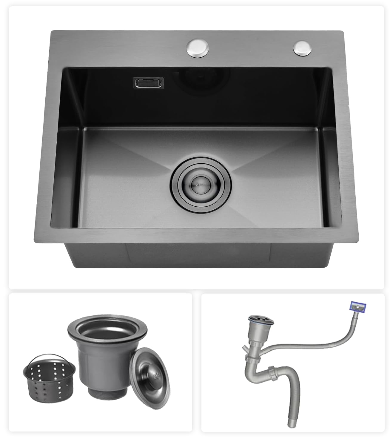 Black Kitchen Sink, 55 x 45 cm, Small Sink，Stainless Steel Single Bowl, Drop in Topmount & Flushmount Single Bowl with 2 Tap Holes, Drainer Fittings and Overflow Kit, for Small Kitchen,Restaurant