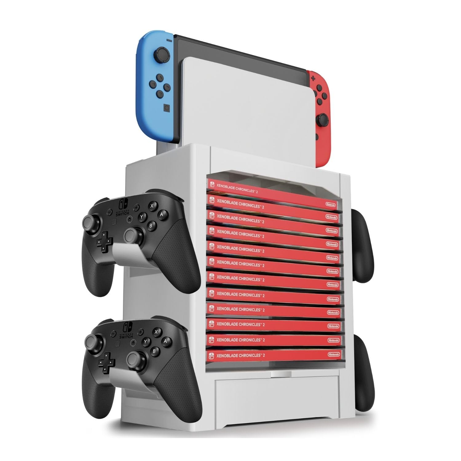 TNP Switch Organizer Station Game Storage Tower Stand for Nintendo Switch/Switch OLED with Dock Holder, 10 Game Case Vertical Shelf, 4 Controller Rack, Joy-con Drawer, White
