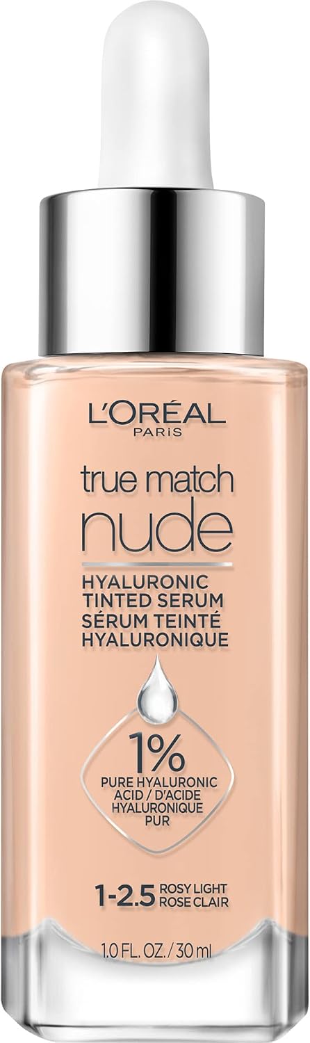 L’Oréal Paris True Match Nude Hyaluronic Foundation, Tinted Face Serum Foundation with Hyaluronic Acid for Lightweight Coverage and Instant Hydration, Radiant Finish - Rosy Light, 30 mL