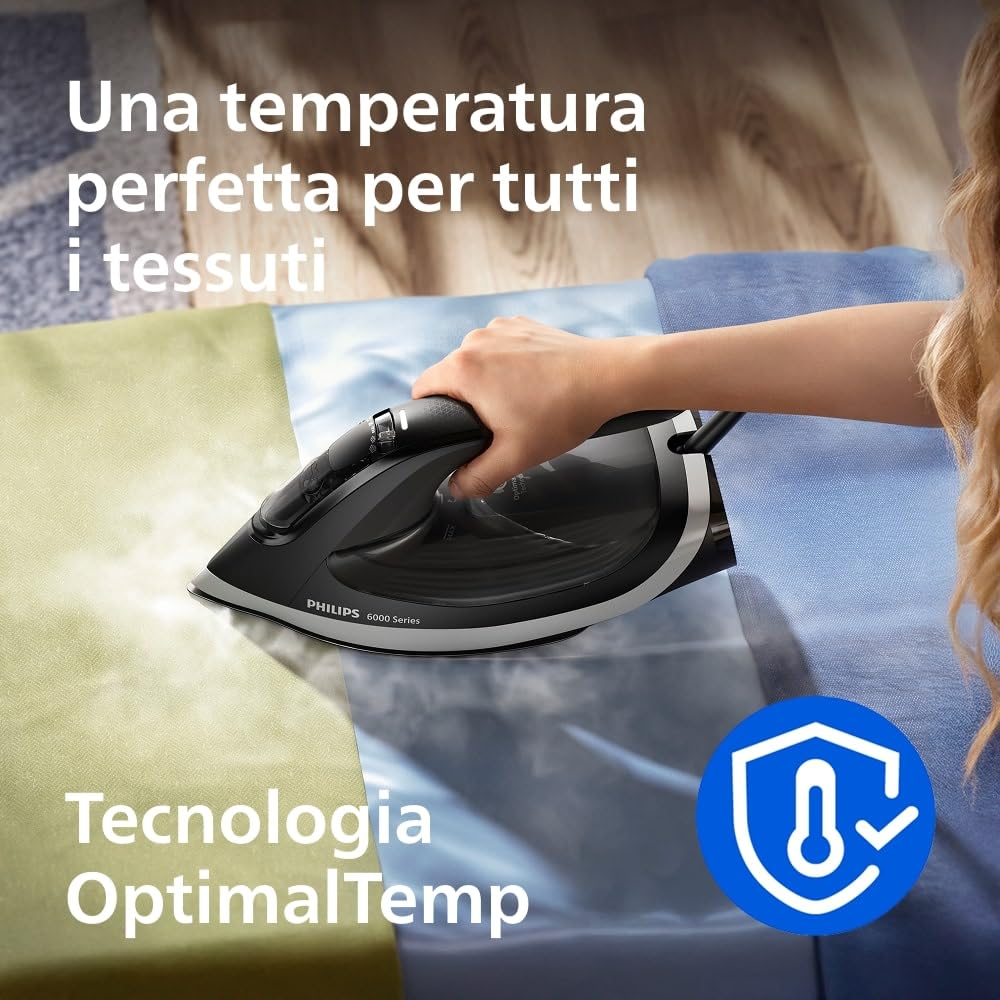 Philips Serie 6000 Ferro da Stiro a Vapore – OptimalTEMP anti-bruciatura, colpo di vapore 190 g, vapore continuo 45 g/min, piastra SteamGlide Plus, anti-goccia e spegnimento automatico (DST6120/80)