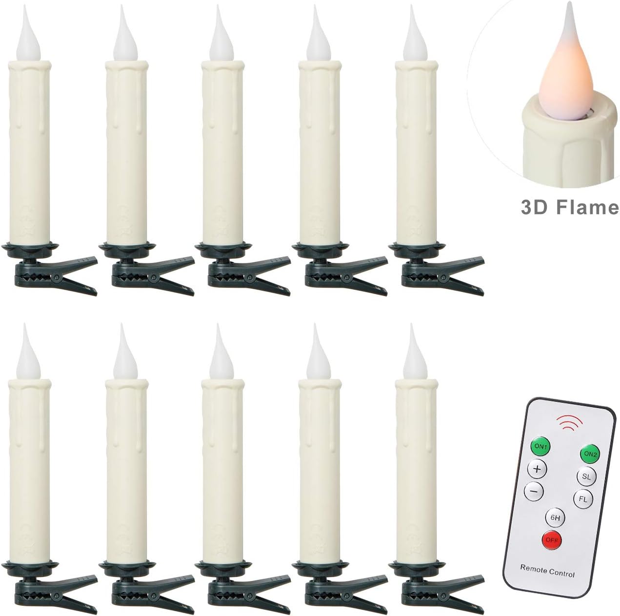 Christmas Taper Flameless Candles, Taper Candles with Remote Control Clips, Ivory Drip Effect Candlestick Lights for Windows Christmas Tree Church Hotel Bar Restaurant 0.7"×3.5", 10 Sets