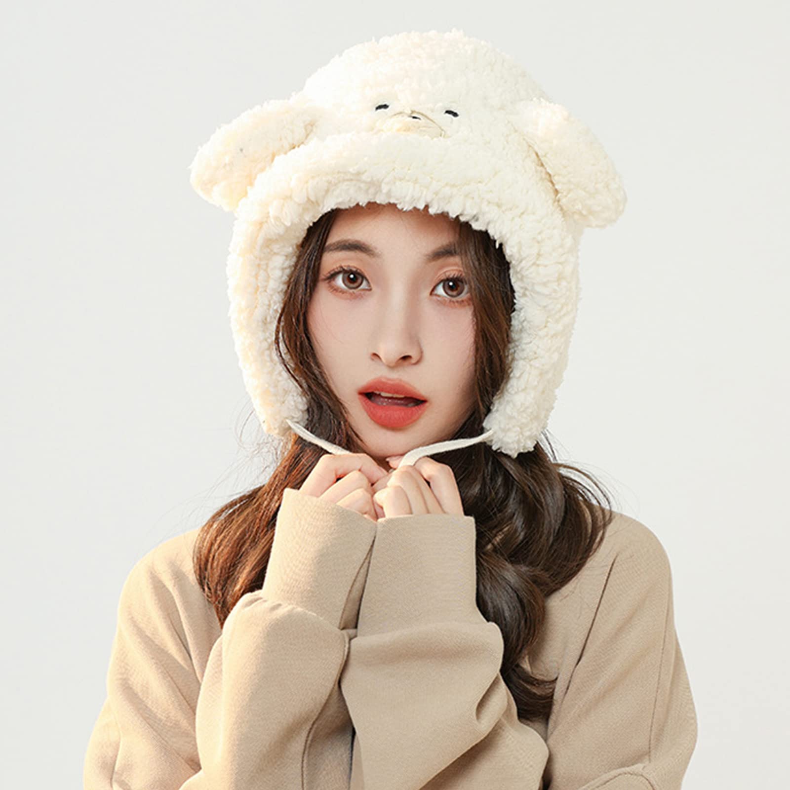Bear Earflap Ski Hat Bear Ear Hat Plush Trapper Hat Winter Warm Bear Hat Hat Hooded Hat Fleece Earflap Hat Beige