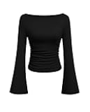Women's Long Sleeve Shirts 2025 Fall Crop Going Out Tops Casual Boat Neck Bell Sleeve Ribbed Ruched Y2K Clothes