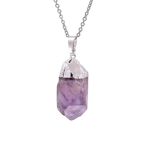 Natural Healing Crystal Purple Amethyst Rough Stone Pendant Necklace, White Gold Tone