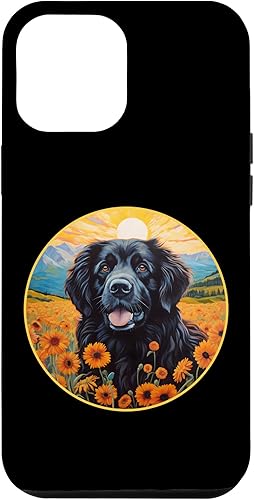 Funda para iPhone 13 Pro Max Linda Terranova Perro Colorido Flor Montaña Puesta de Sol Newfie