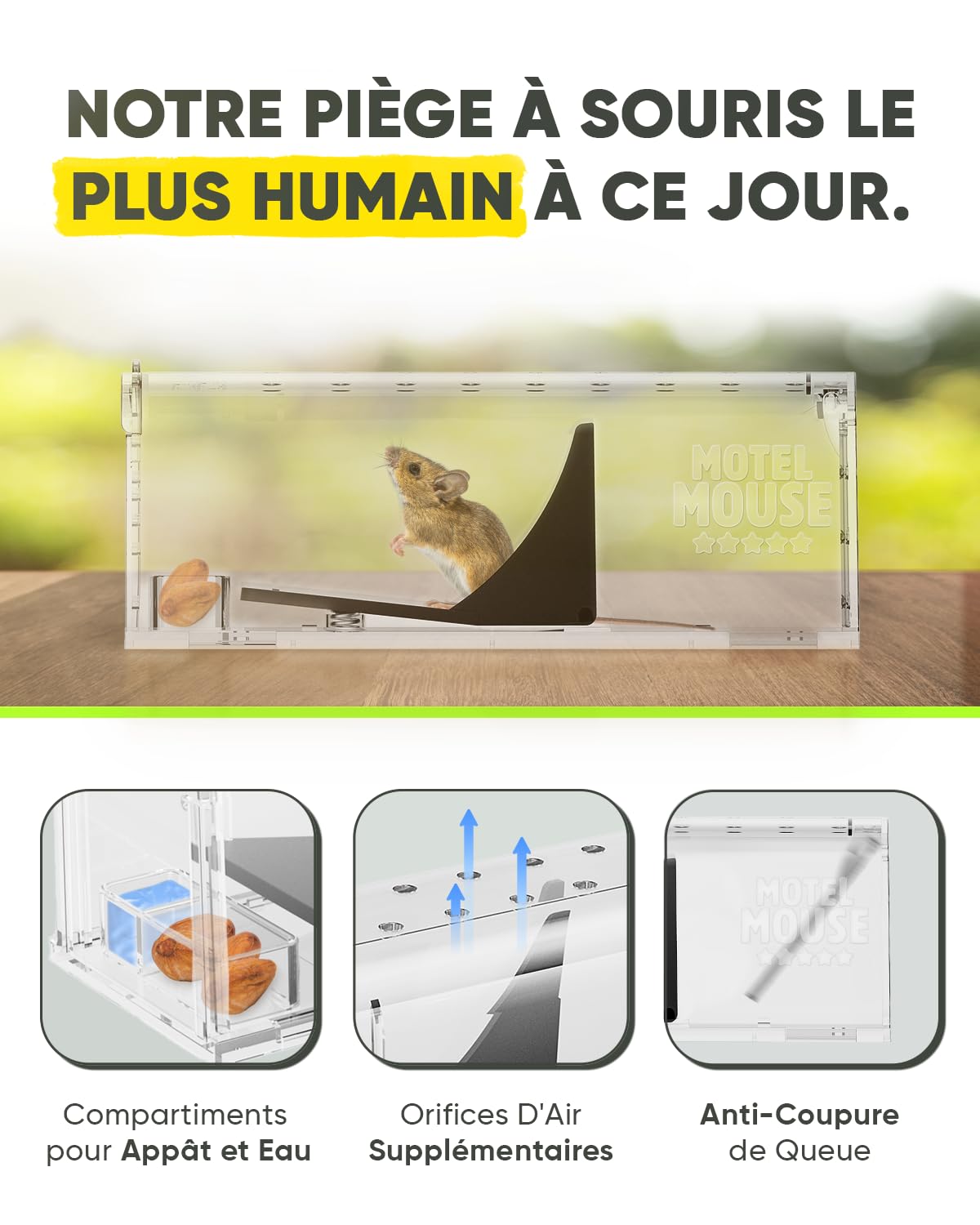 Motel Mouse Piège a Souris Vivante pour Intérieur & Extérieur - Facile à Utiliser, Facile à Nettoyer, Réutilisable, Libération sans Contact