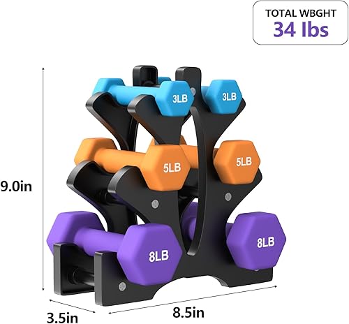 Miniatura 3 de Portzon Weights Dumbbells Set 3, 5, 8, and 10 Pound Neoprene Dumbbell Free Hand Weight Set with Rack, Ideal for Home Exercises, 32 LB, Anti-Slip,