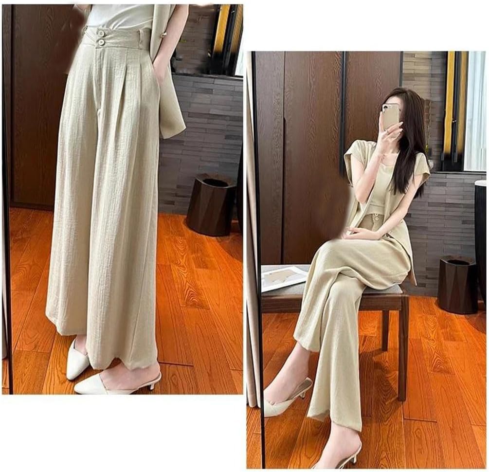 Women's 2 Piece Set V-Neck Single Button Belt Vest High Waist Straight Pants Suit