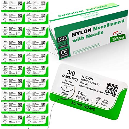 3-0 Sutures Thread with Needle Non-Absorbable 20PK (Black) - Surgical Suture Practice Kit, Medical, Nursing, EMT, PA, Dental, Veterinary Student's Hospital Training Set, Taxidermy