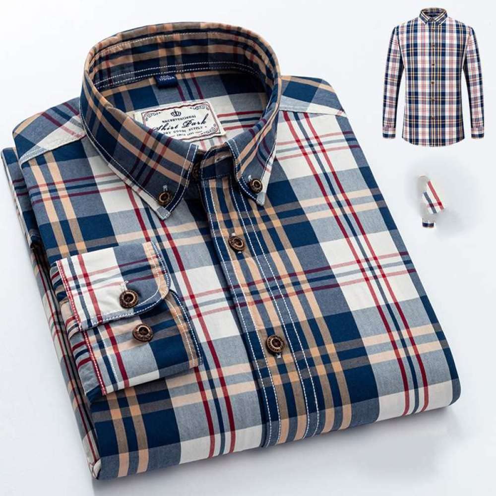 Camicie da Uomocamicia Casual da Uomo in Puro Cotone Blu Marrone Scozzese A Maniche Lunghe Camicia Casual in Cotone Primaverile vestibilità Slim Lavabile Non Stirabile Morbido Confortevole Regalo P