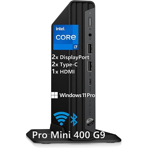 HP Mini Desktop PC Computer for Office Work, Data Processing, Accounting, Video Editing, Intel i7-12700T (16GB RAM, 512GB SSD), 3X 4K Output, Wired Keyboard & Mouse & Stand Included, Windows 11 Pro
