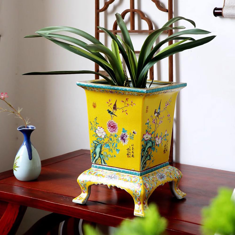 asdchZen Ceramic Succulent Flower Pots, Chinoiserie Square Pottery Pots For Indoor Outdoor Plants, Decorative Ceramic Vase For Flower Arrangement Home Decor, Vintage Centerpieces Flowe