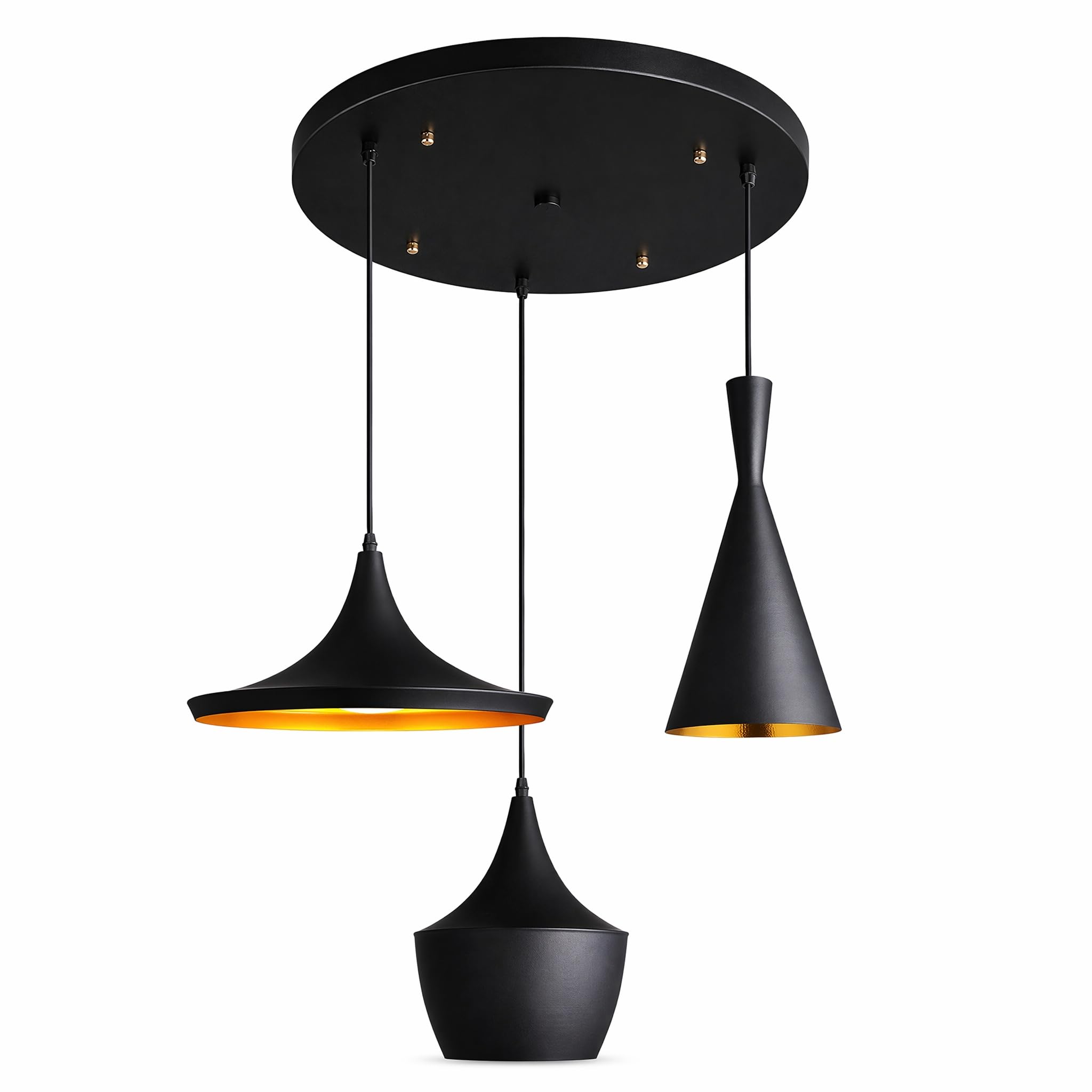 BARCELONA LED 3er Set Skandinavische Pendelleuchten SOLVANG HELGA KOLDING | Aluminium, Schwarzmatt, Goldene Innenseite, E27 Bis 40W, Höhenverstellbares Kabel, Warmes Licht