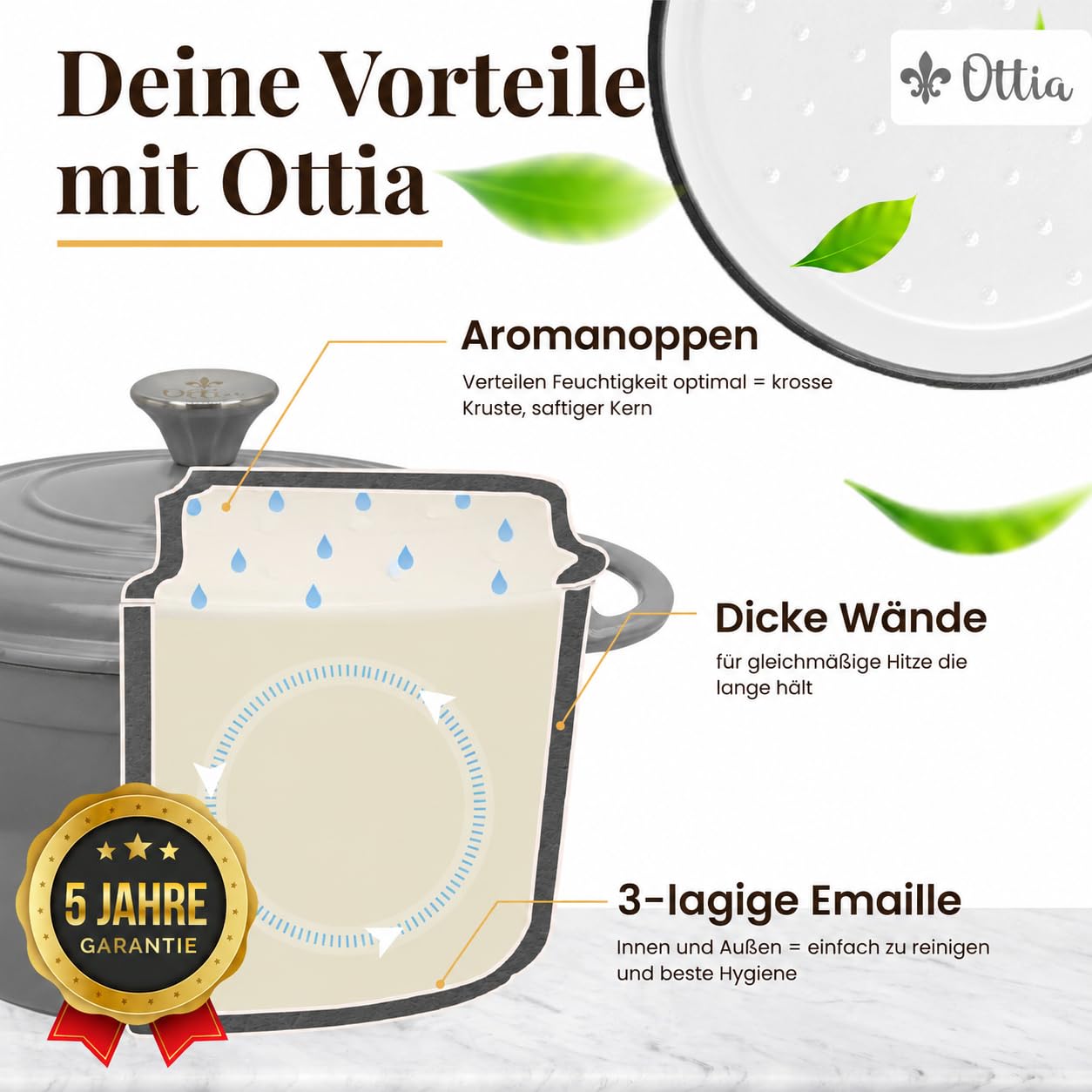 Ottia Gusseisen Topf [inkl. eBook] – Emaille Topf 26cm - Dutch Oven, Brotbackform, Brotbacktopf, Schmortopf Bräter mit Deckel, Bratentopf - auch für Induktion | Händler aus HH, Grau