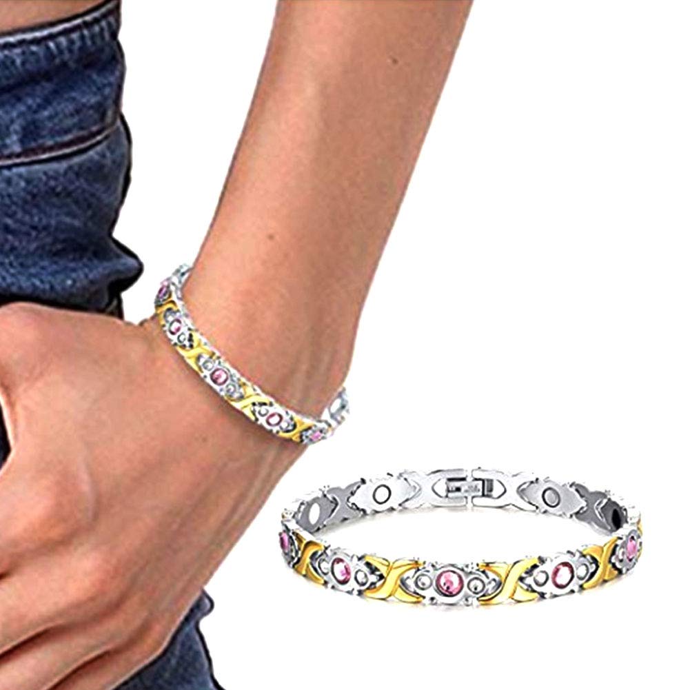 XINGYU Pulsera MagnéTica Dolor,Pulsera De Acero Inoxidable Hoja Forma Enlace 4 En 1 Pulsera De Terapia MagnéTica para Hombres Mujeres,Oro Plata,22 Cm, Silver Gold