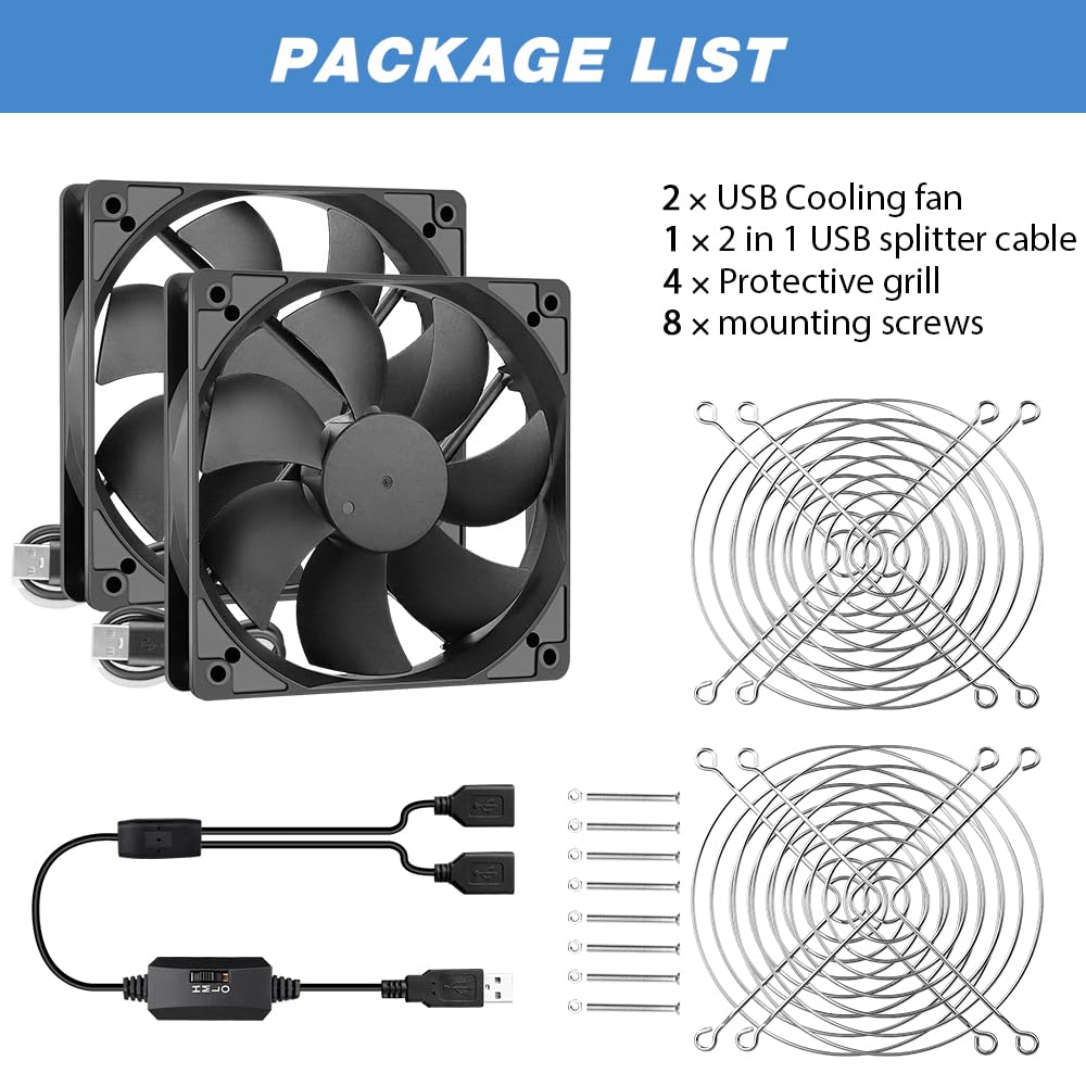 GDSTIME Lot de 2 Ventilateur PC 120mm USB Fan 5V 120x120x25 Réglable | ventilateur usb 120mm USB PC Fan 3 Vitesse Réglable pour Ordinateur Meuble Récepteur Routeur
