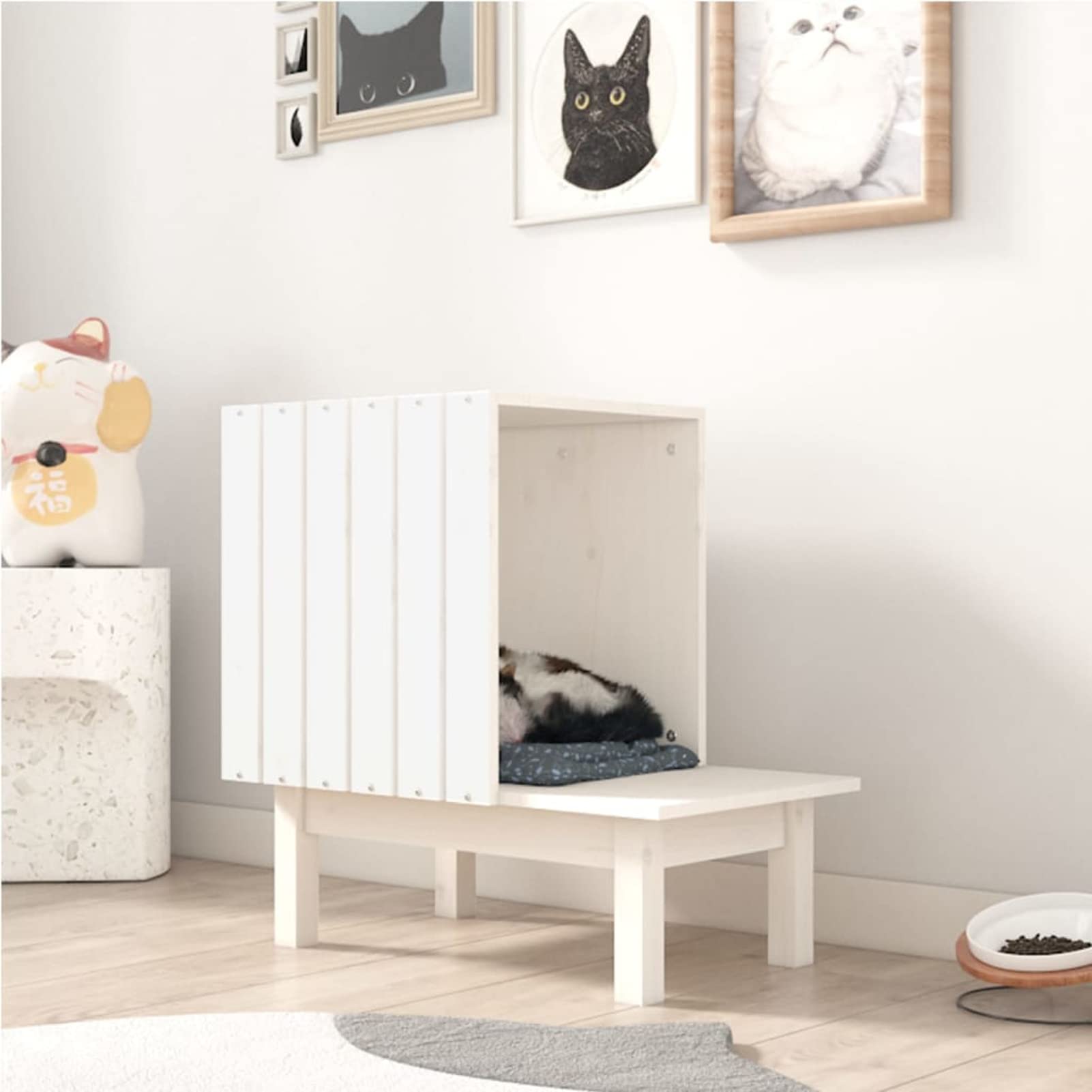 Brokky Casetta per Gatti Bianca 60x36x60 cm in Legno Massello di Pino,Casetta per Gatti in Legno, Cuccia da Esterno Casa per Gatti
