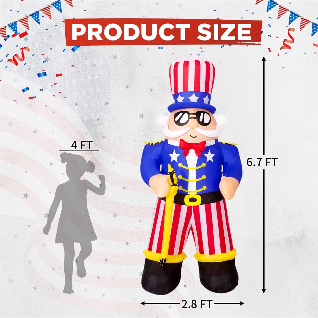 COMIN Independence Day July 4th Inflatable 6.7FT Uncle Sam with Sword Built-in LEDs Blow Up Yard Decoration for Holiday Party Indoor Outdoor Yard Garden Lawn