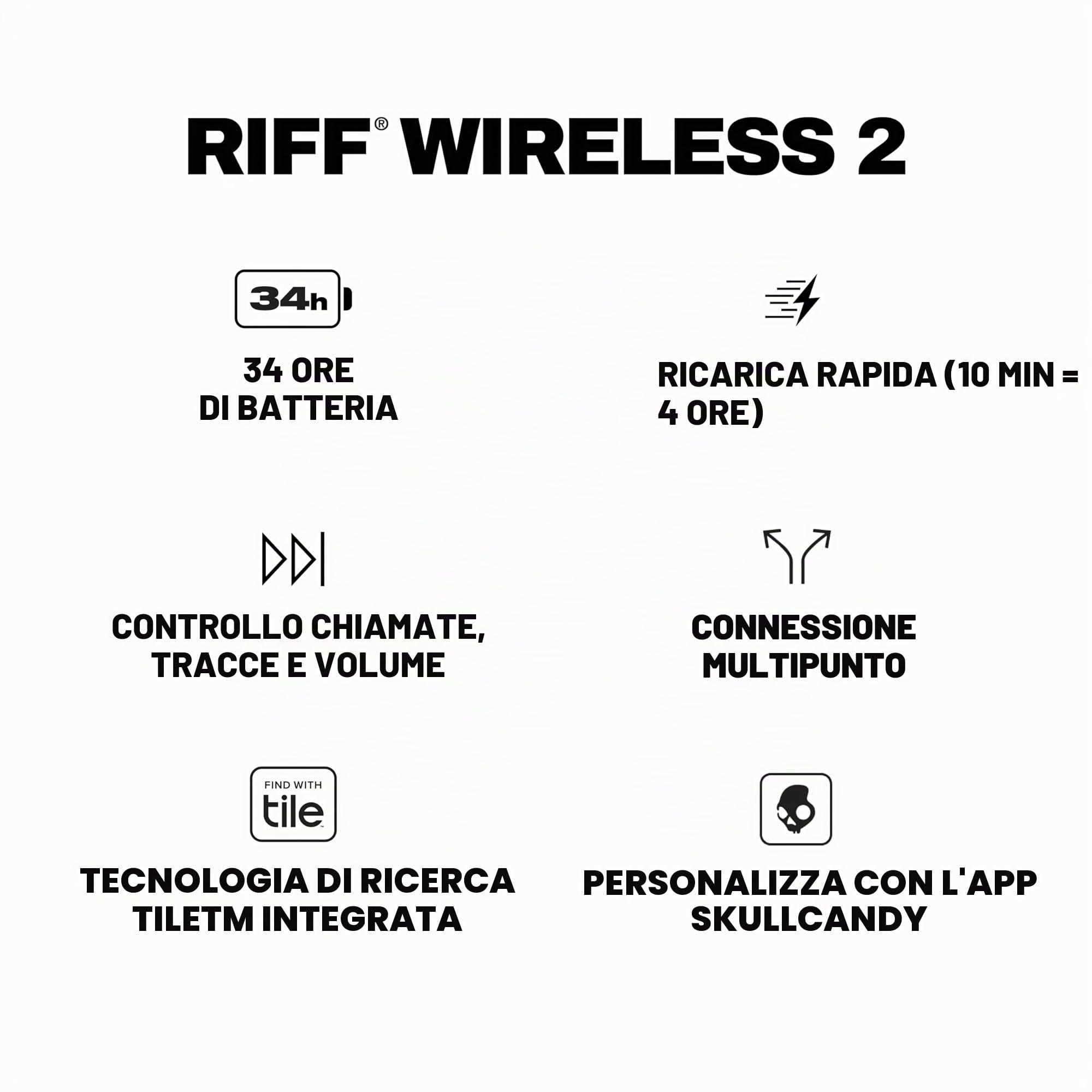 Skullcandy Riff 2 Cuffie Wireless On-Ear con Microfono, 34 Ore di Autonomia, Compatibili con iPhone, Android e Dispositivi Bluetooth - Nero
