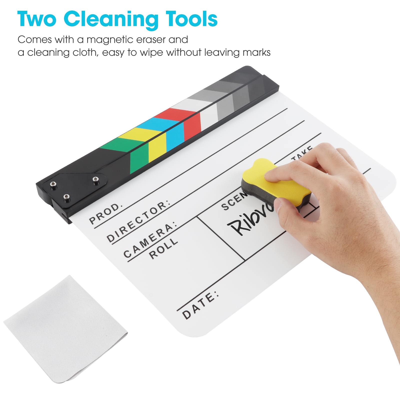 Clap en acrylique pour réalisateurs de films - Photographie vidéo - Scène d'action - Avec une gomme magnétique pour tableau noir, deux stylos personnalisés, un chiffon de nettoyage et une clé
