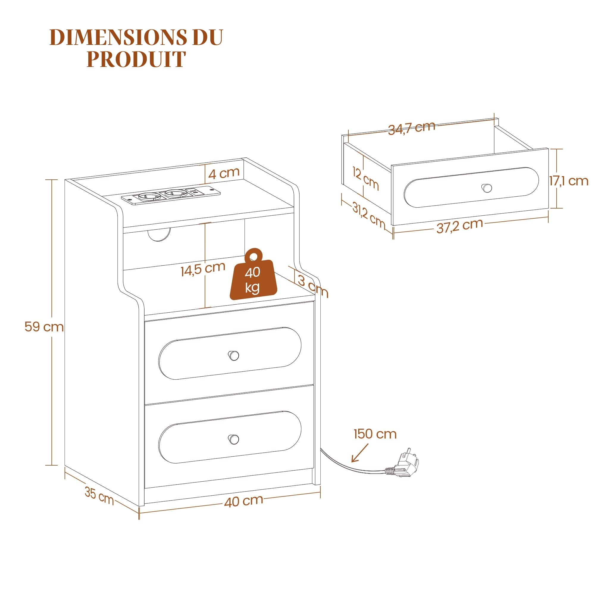 HEXCELEN Table de Chevet Lot de 2 avec Lumière LED et Multiprise, Table de Nuit avec 2 Tiroirs et 1 Compartiment Ouvert, Tables d'appoint avec Rangement, pour Chambre à Coucher, Salon, Moderne, Blanc