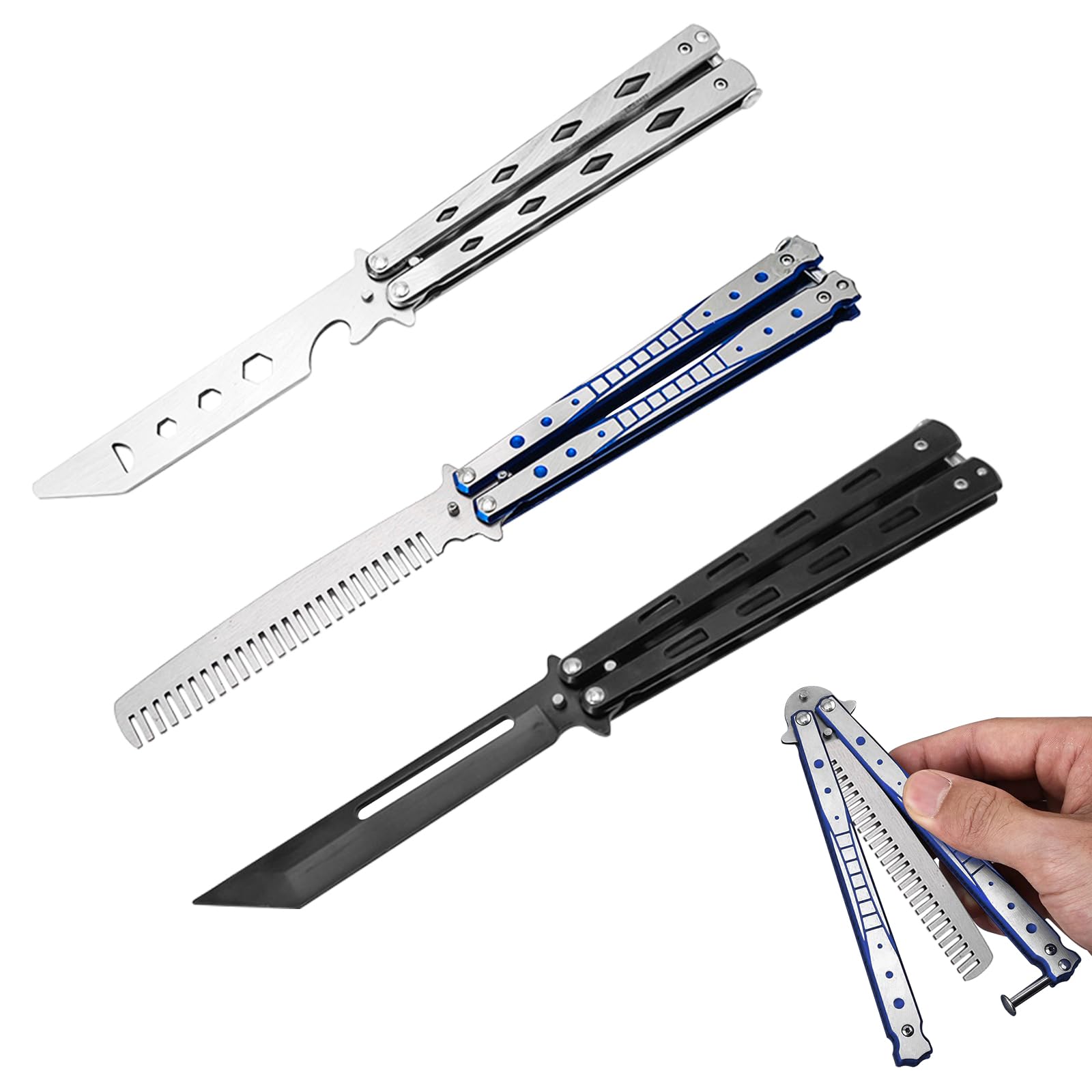 Navaja mariposa entrenamiento acero inoxidable hoja desafilada 3 unidades principiantes trucos plata negro azul