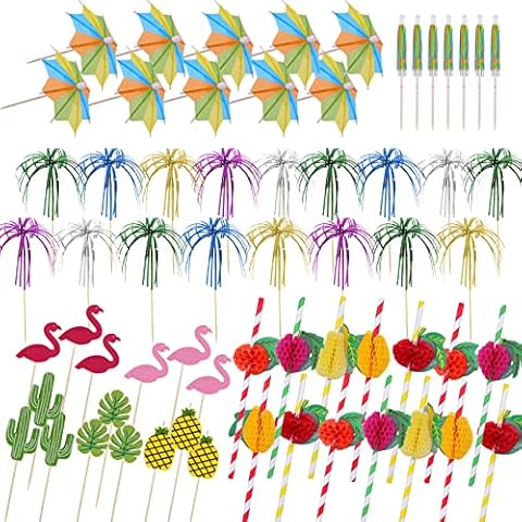 Ailvor Cocktail Accessories for Drinks, 140pcs Cocktail Decorations, Paper Umbrellas, Sparkler Sticks, Straws, Cocktail Accessories Party Pack for Beach, Birthday, Wedding, Music Festival Cover
