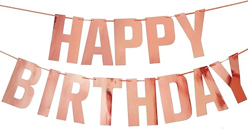 Cartel de feliz cumpleaños de oro rosa, guirnalda de letrero de feliz cumpleaños, decoración de fiesta de cumpleaños de oro rosa metálico para