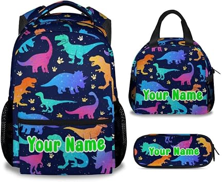 Personalized Dinosaur Backpack for Boys Girls, School Backpack with Lunch Box Set, 17 Inch Kids Bookbag for Elementary Middle School, Funny, Colorful Durable Girls Dinosaur Backpacks