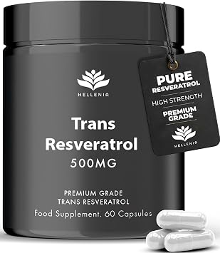 Trans Resveratrol 500mg Capsules | Pure Trans Resveratrol Supplements 500mg | Suitable for Vegans | Premium Grade | GMP Certified | Made in the UK by Hellenia