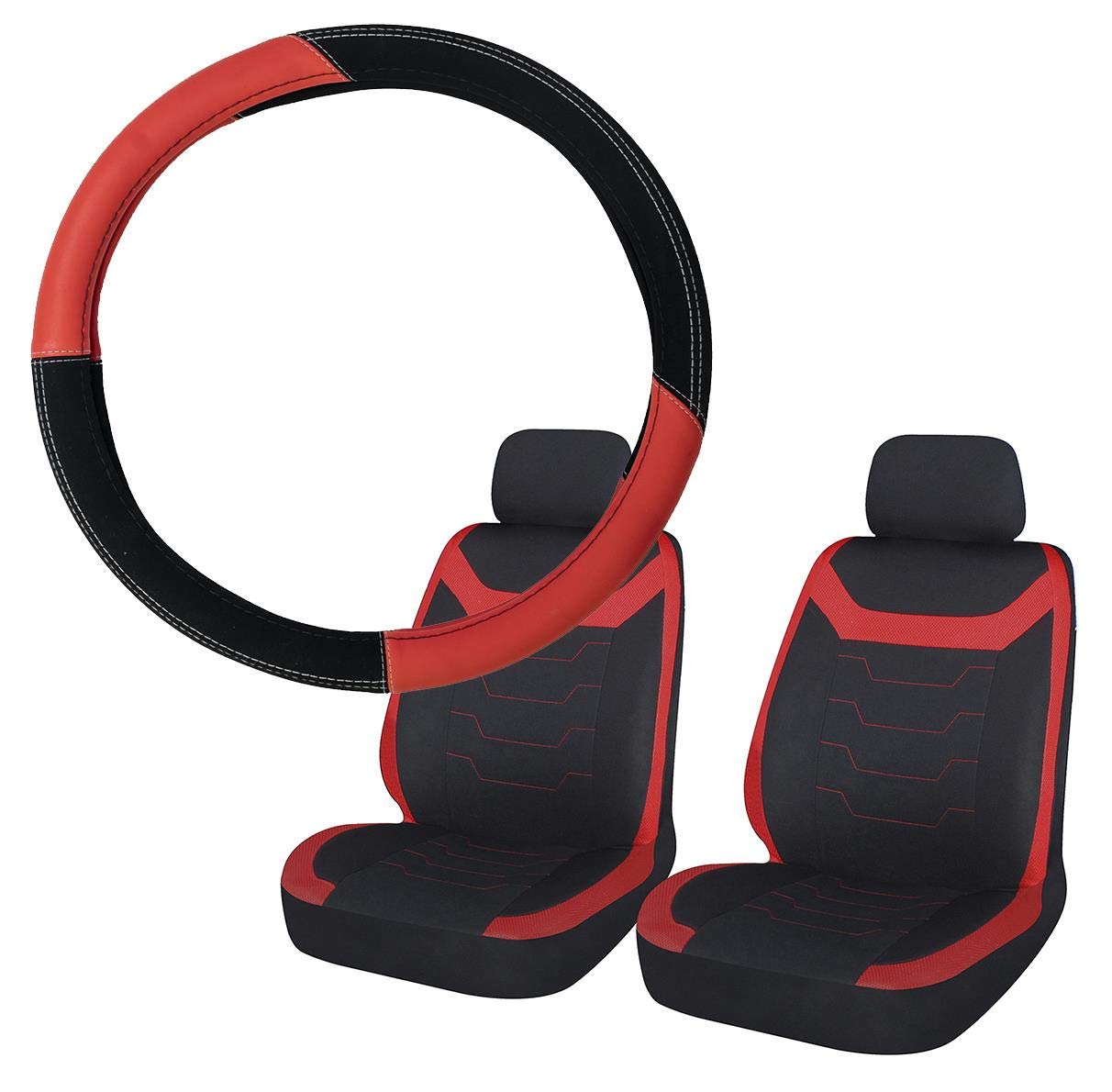 UKB4C Car Seat Covers Front Pair Universal Carseat Protectors for Driver and Passenger Automotive Accessories Interior (Red with Red Leather Look Steering Wheel Cover)