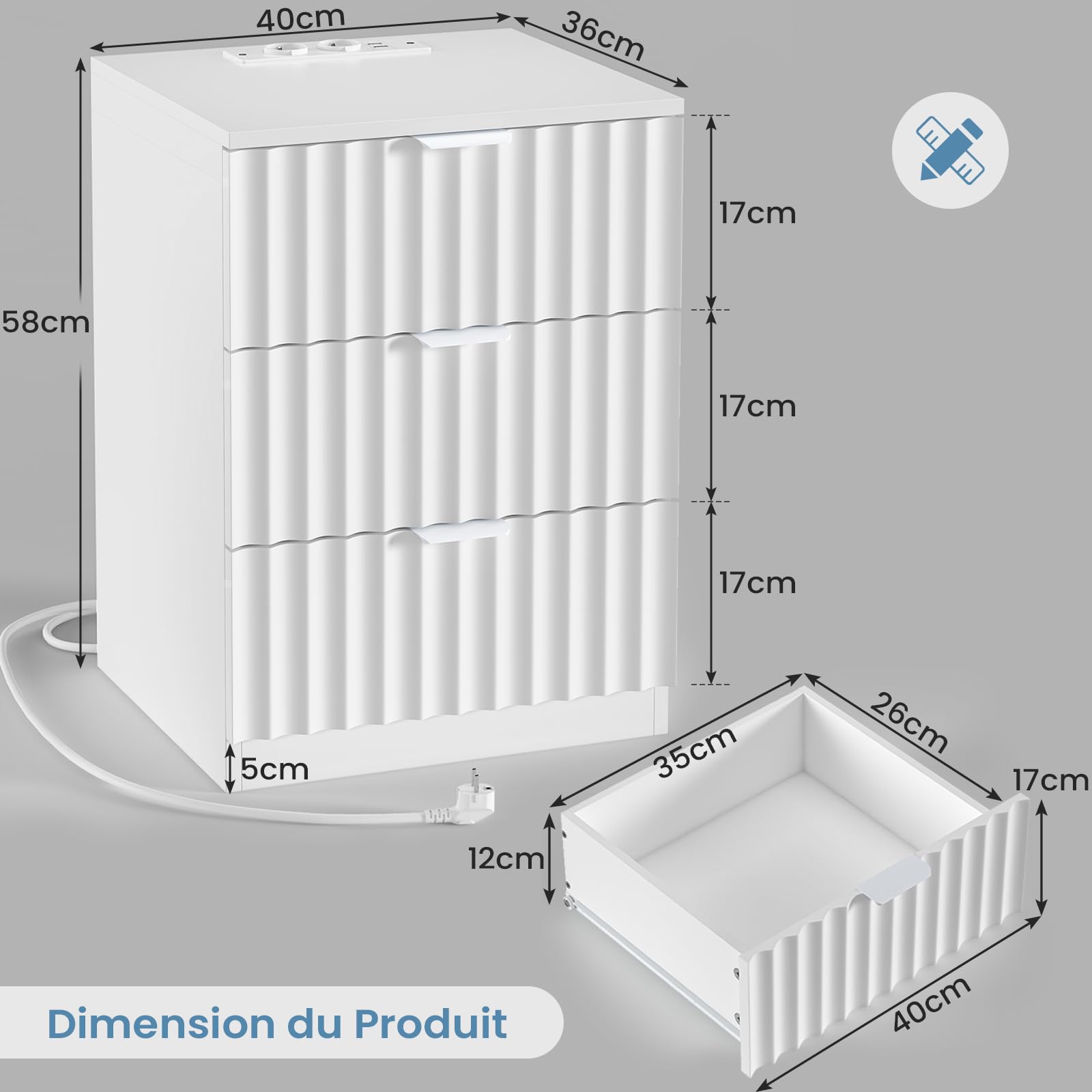 Table De Chevet Blanche Tables De Chevet Brinlawb Avec LED Et Multiprise - Lot De 2 Blanc Avec Tiroirs Tiroirs Rangement MDF