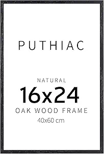 puthiac 16x24 Black Oak Wood Picture Frame - Minimalist 16x24 Poster Frame, 16"x24" Frame Wood, Natural Solid Wooden Picture Frames for Wall Art Photo and Prints (1 Pack, Black)