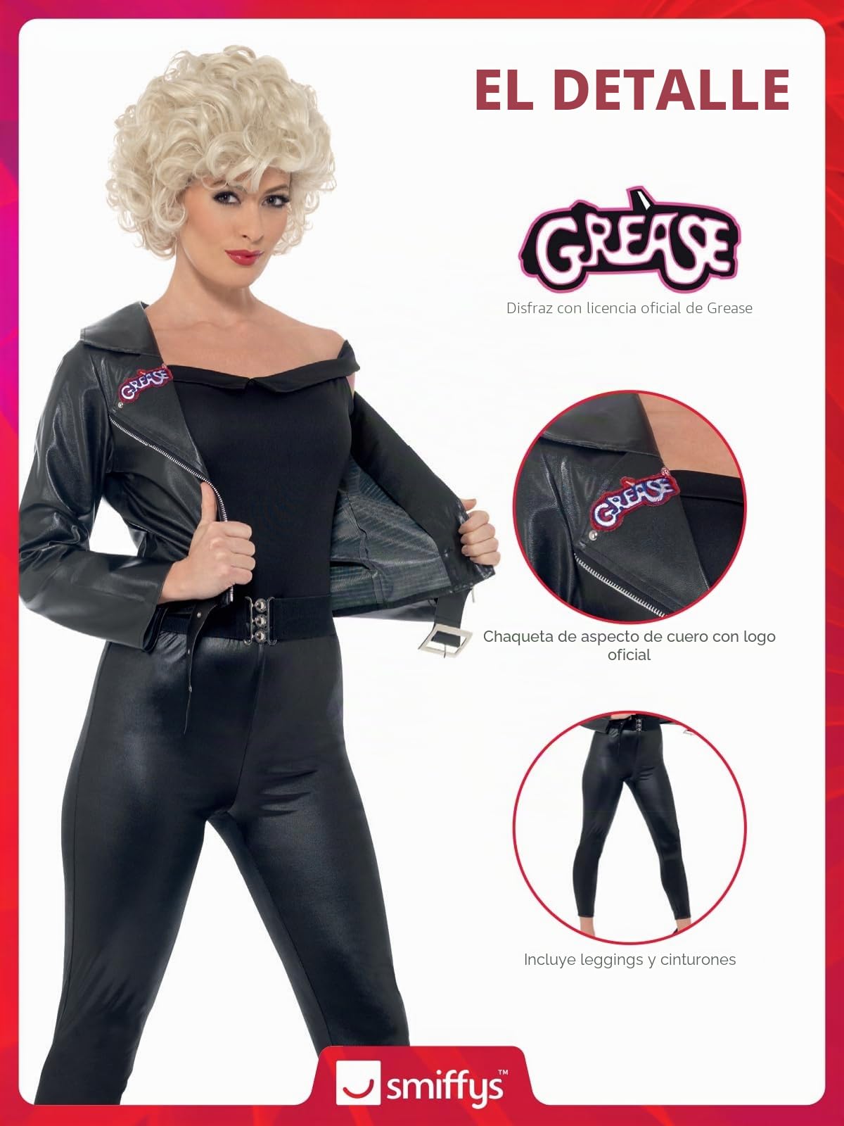 Smiffys Grease Sandy Final Scene Costume in Black for Adults, Jacket, Top, Leggings, and Belt, Officially Licensed, Leather-Look Jacket with Official Logo, Ideal for Group Fancy Dress