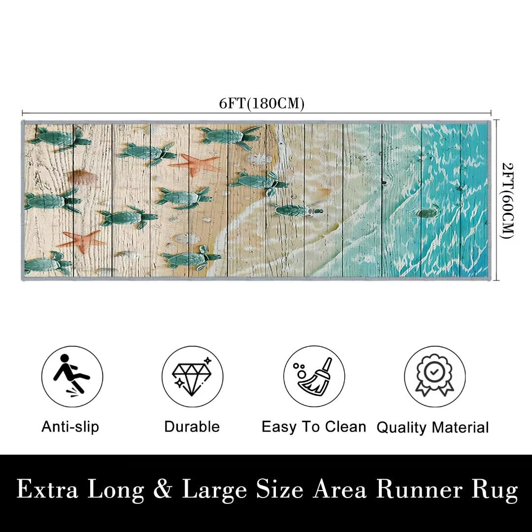 Coastal Läufer Teppich 60x180 Cm – Meeresschildkröten Design, Rutschfeste Unterseite, Waschbar