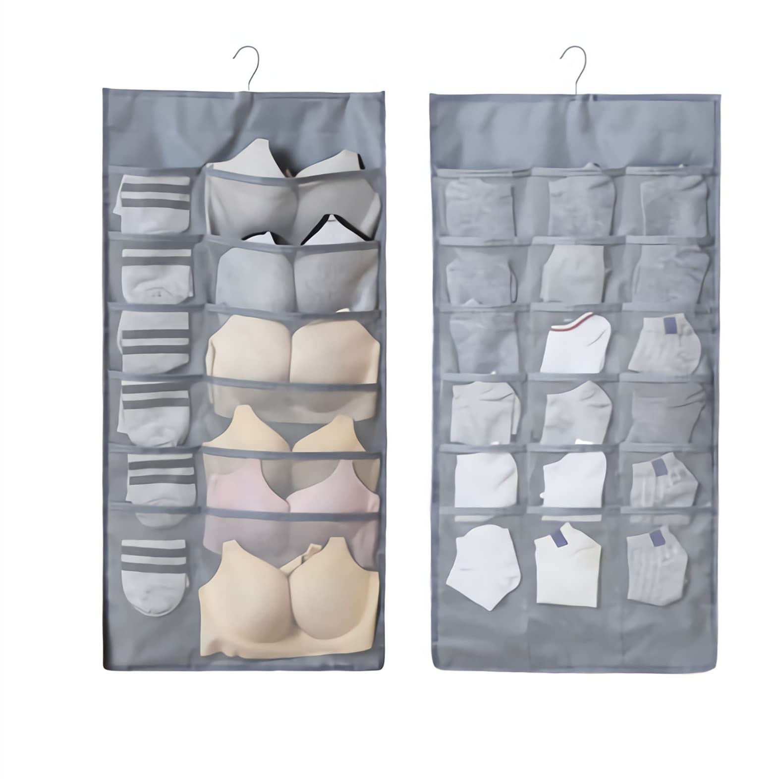 Dual Sided Wall Closet Hanging Organizer Storage with Mesh Pockets for Underwear Bra Underpants Socks with Metal Hook Wardrobe Storage Bags Oxford Cloth Space Saver (Grey-(12+18) Pockets)